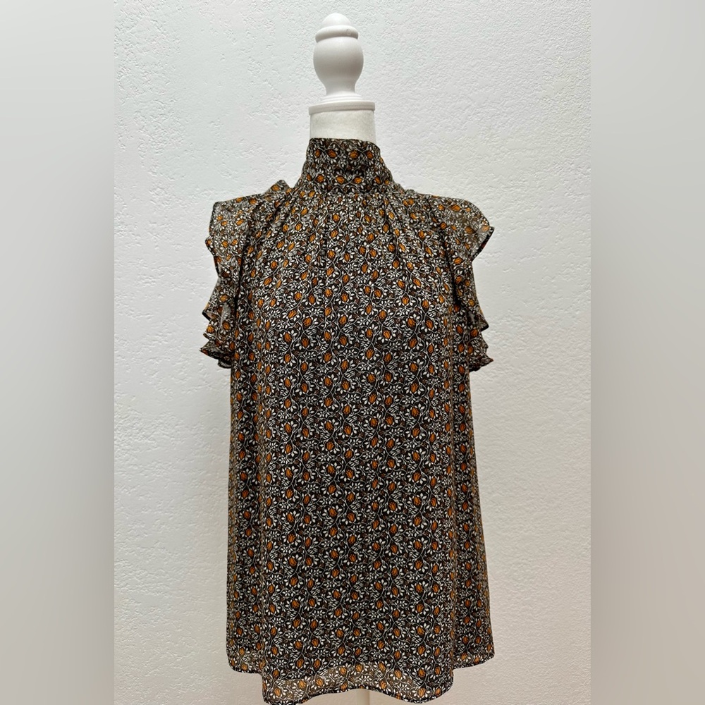 Floral High Neck Ruffle Sleeve Top